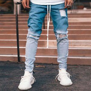 Gradient Ripped Hole Zipper Bottom Denim Jean